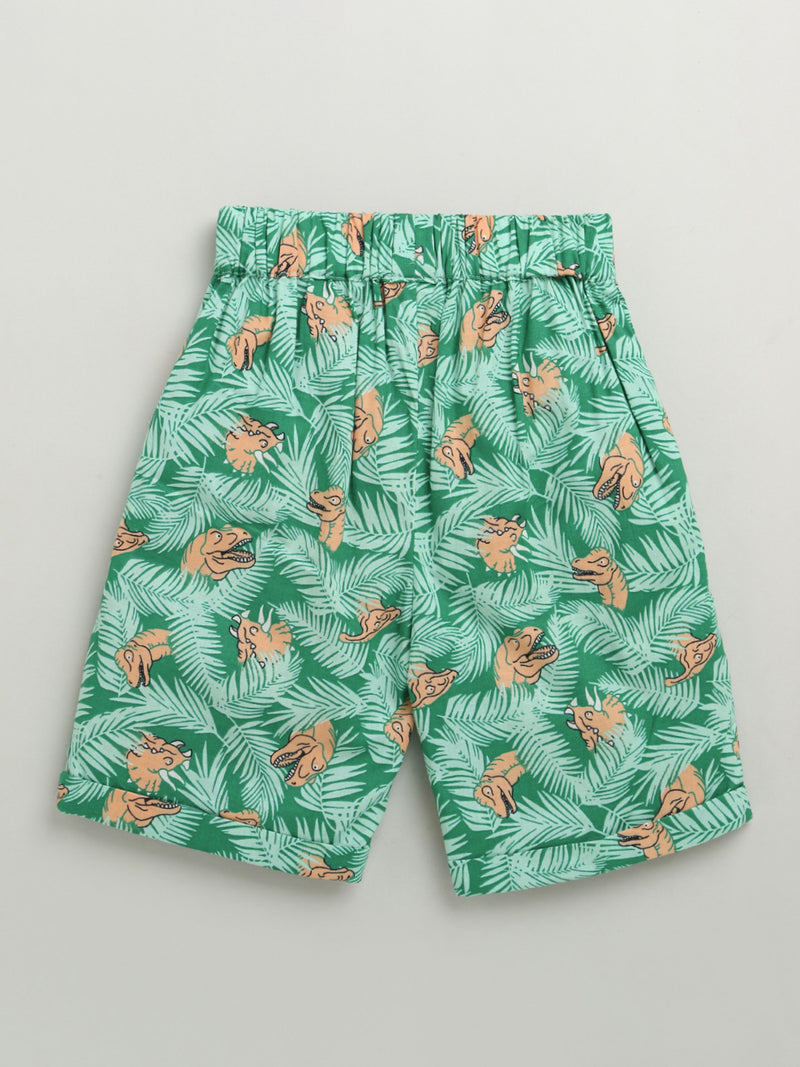 Green Leaf Dinosaur Print Cotton Short