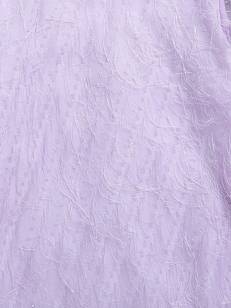 Purple Puffed Sleeves Feather Embellished Soft Net Party Dress
