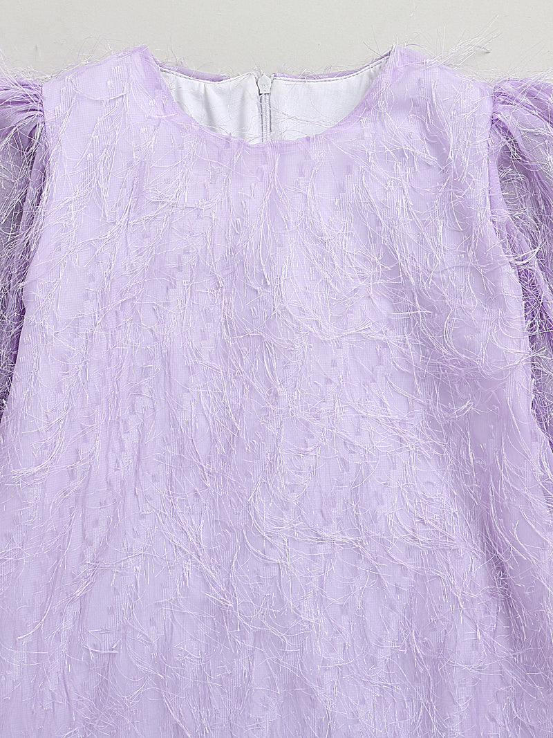 Purple Puffed Sleeves Feather Embellished Soft Net Party Dress