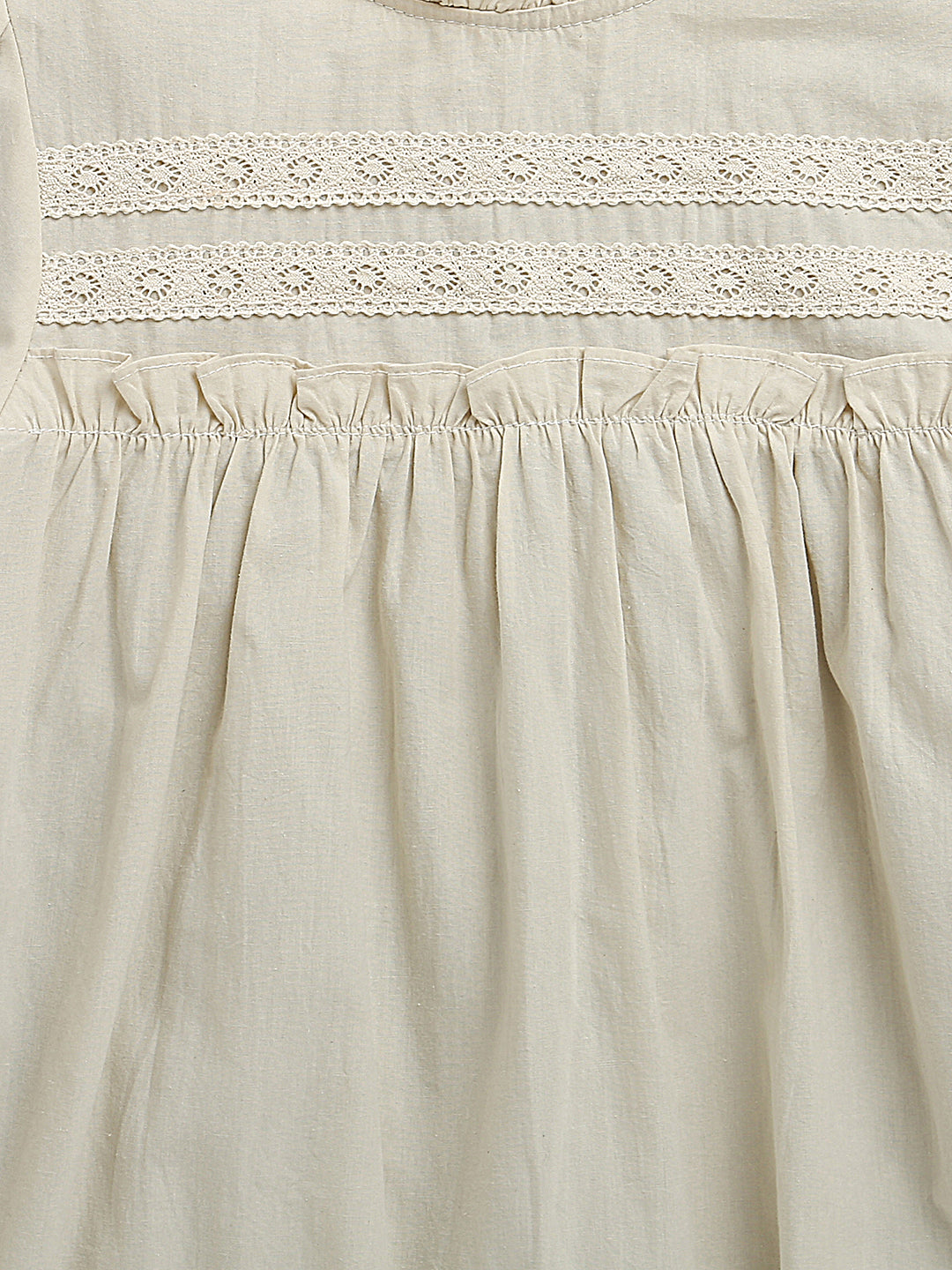 Light Beige Puffed Sleeves Frill Neck Solid Flared Pure Cotton Dress