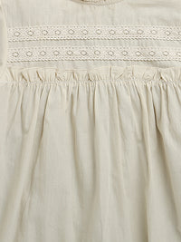 Light Beige Puffed Sleeves Frill Neck Solid Flared Pure Cotton Dress