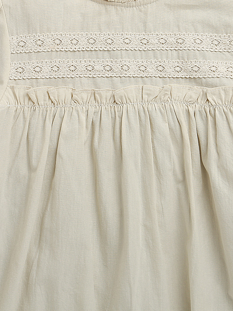 Light Beige Puffed Sleeves Frill Neck Solid Flared Pure Cotton Dress
