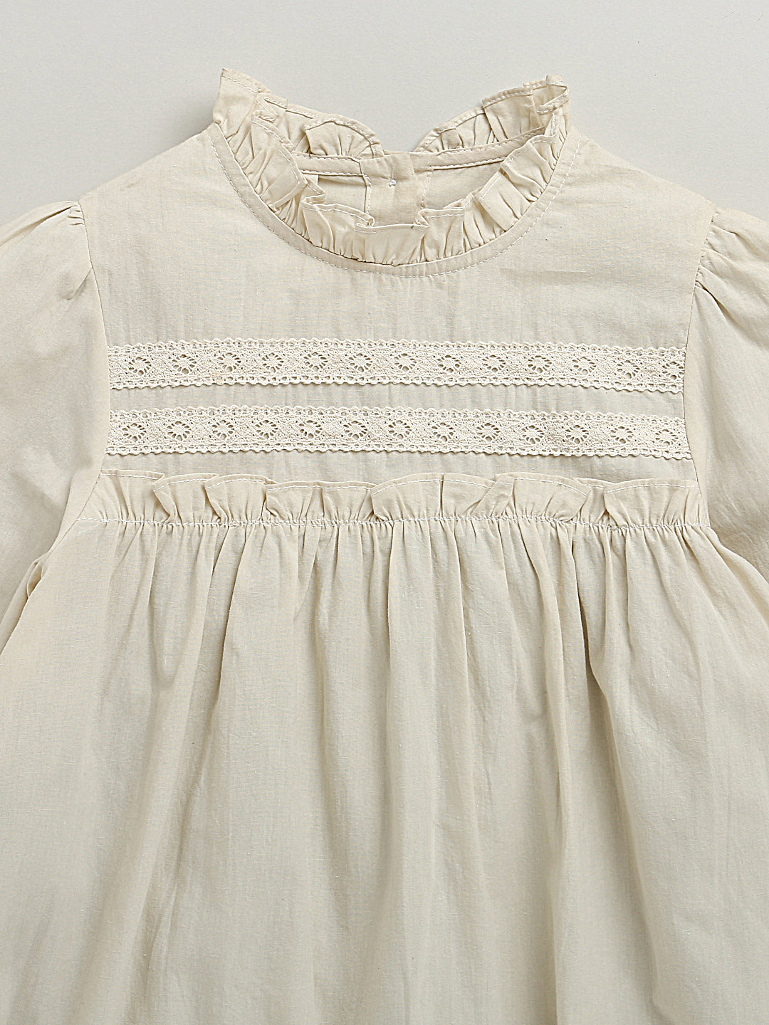 Light Beige Puffed Sleeves Frill Neck Solid Flared Pure Cotton Dress
