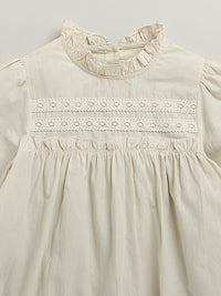 Light Beige Puffed Sleeves Frill Neck Solid Flared Pure Cotton Dress