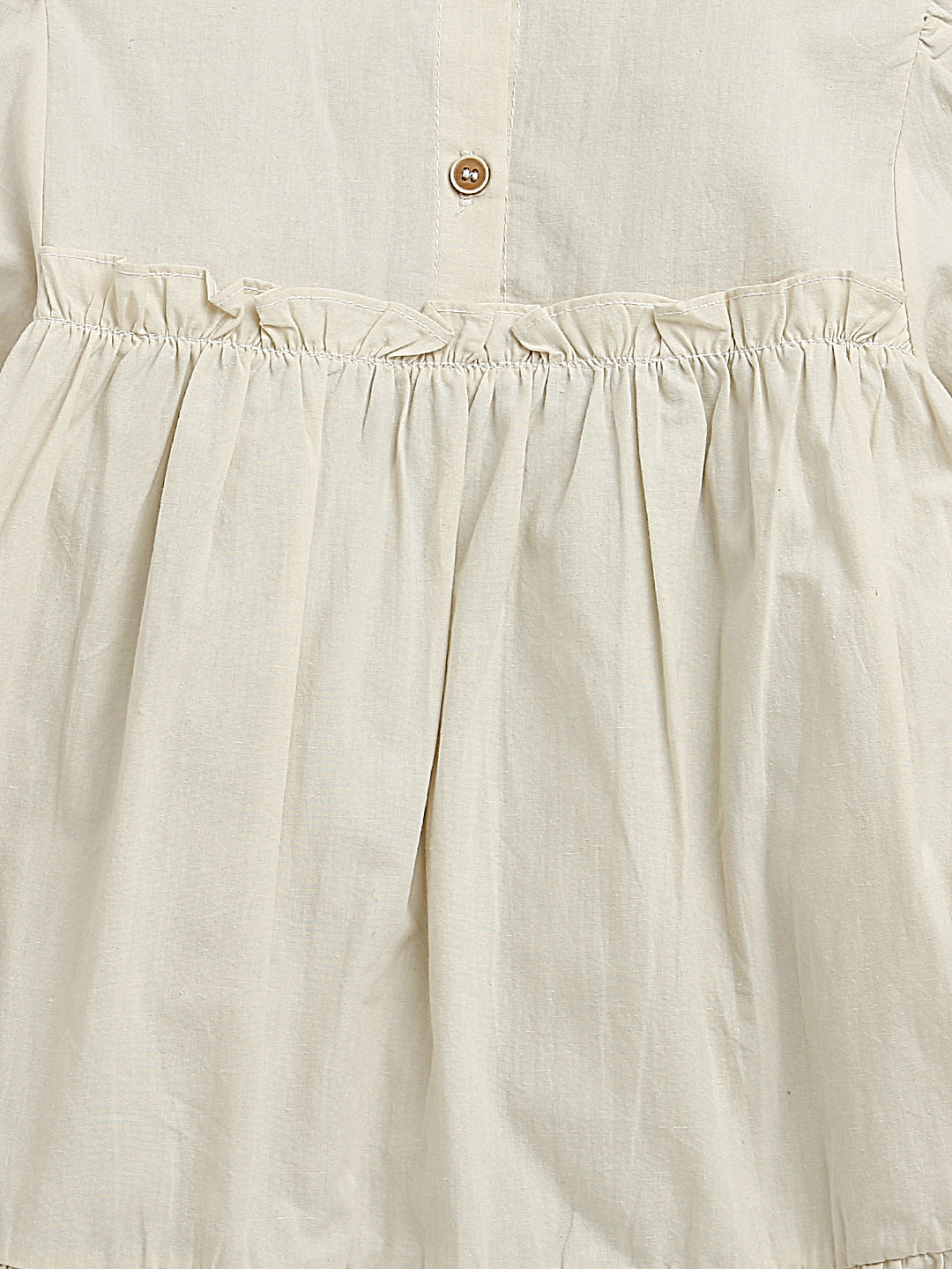 Light Beige Puffed Sleeves Frill Neck Solid Flared Pure Cotton Dress