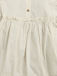 Light Beige Puffed Sleeves Frill Neck Solid Flared Pure Cotton Dress