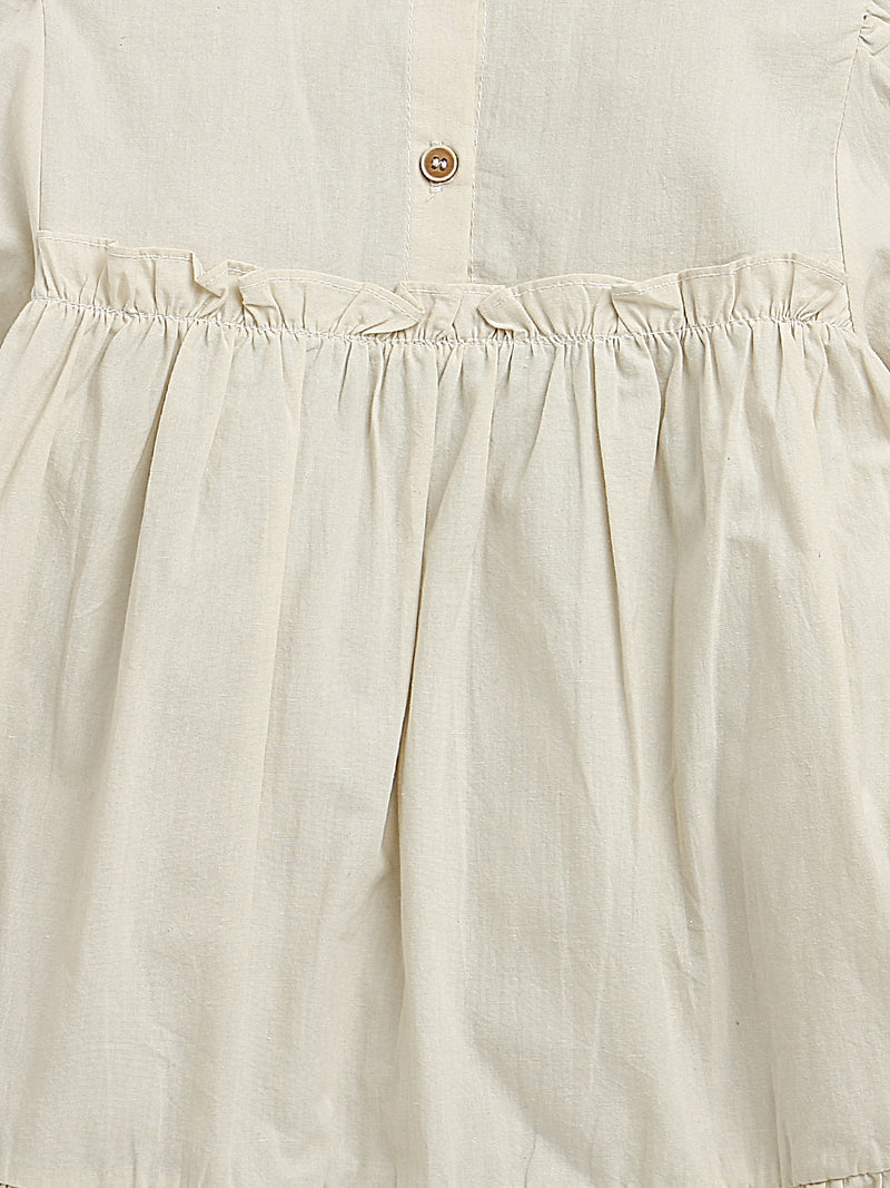 Light Beige Puffed Sleeves Frill Neck Solid Flared Pure Cotton Dress