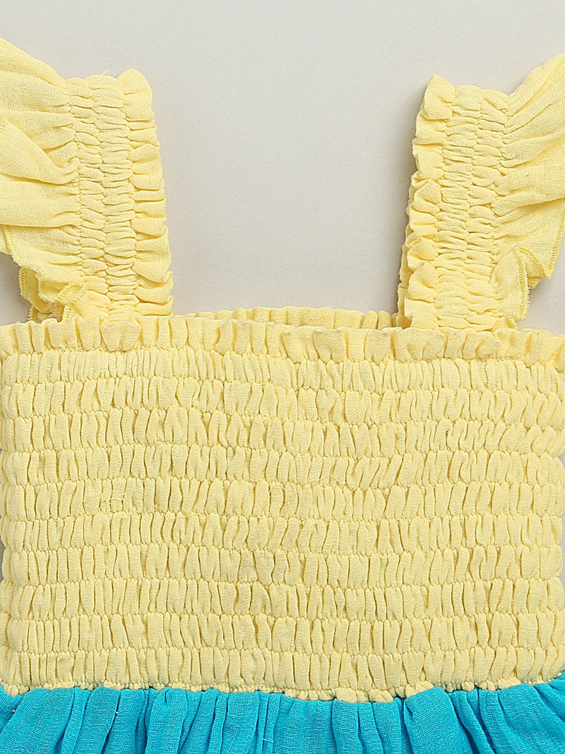Yellow Blue Green Smocked Sleeveless Pure Cotton Dress Girls Summer Frock