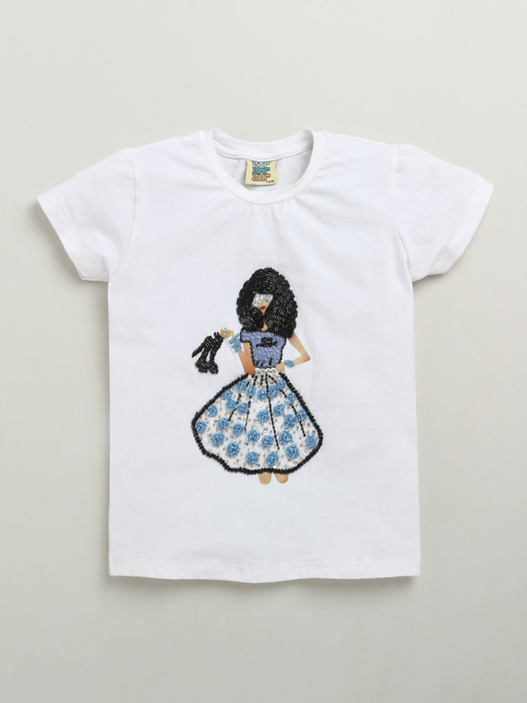 White Half Sleeve Girl Embellished Cotton T-shirt & Blue Embellished Denim Skirt Co-ord Set