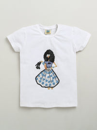 White Half Sleeve Girl Embellished Cotton T-shirt & Blue Embellished Denim Skirt Co-ord Set