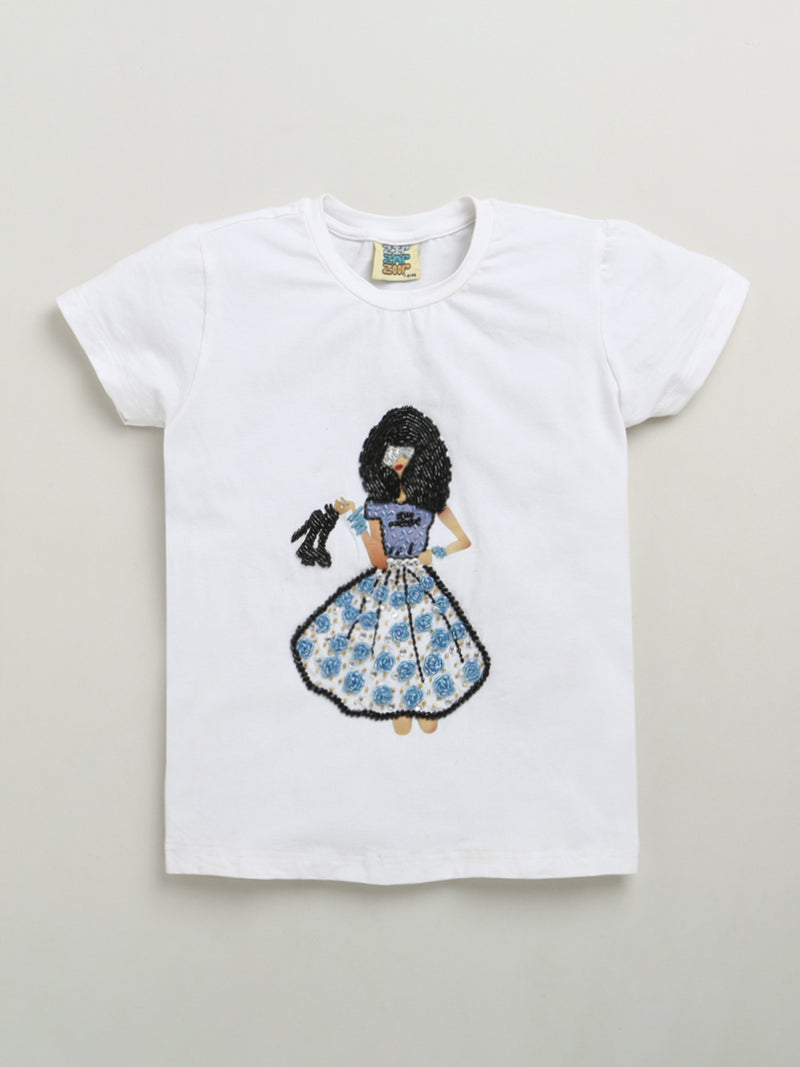 White Half Sleeve Girl Embellished Cotton T-shirt & Blue Embellished Denim Skirt Co-ord Set