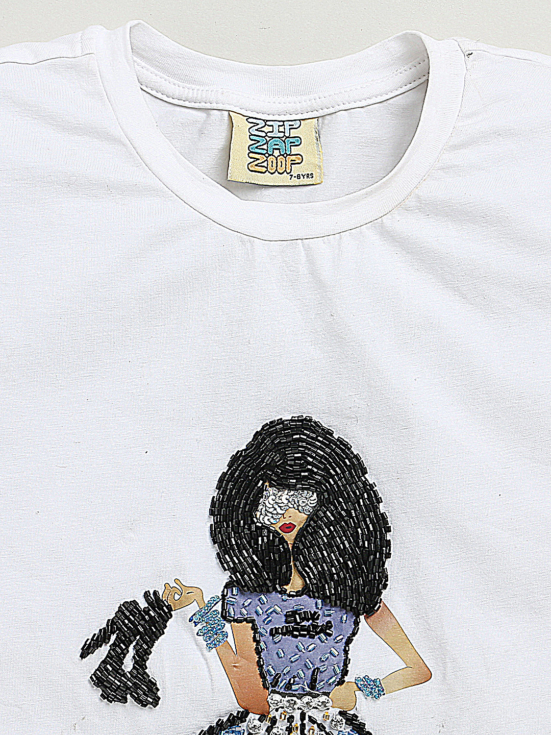 White Half Sleeve Girl Embellished Cotton T-shirt & Blue Embellished Denim Skirt Co-ord Set