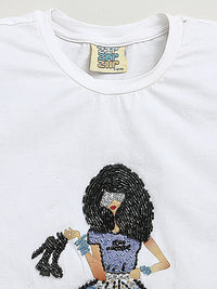 White Half Sleeve Girl Embellished Cotton T-shirt & Blue Embellished Denim Skirt Co-ord Set