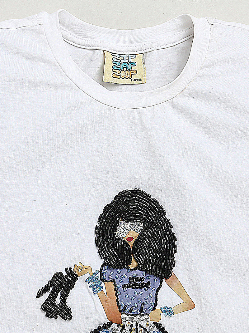 White Half Sleeve Girl Embellished Cotton T-shirt & Blue Embellished Denim Skirt Co-ord Set