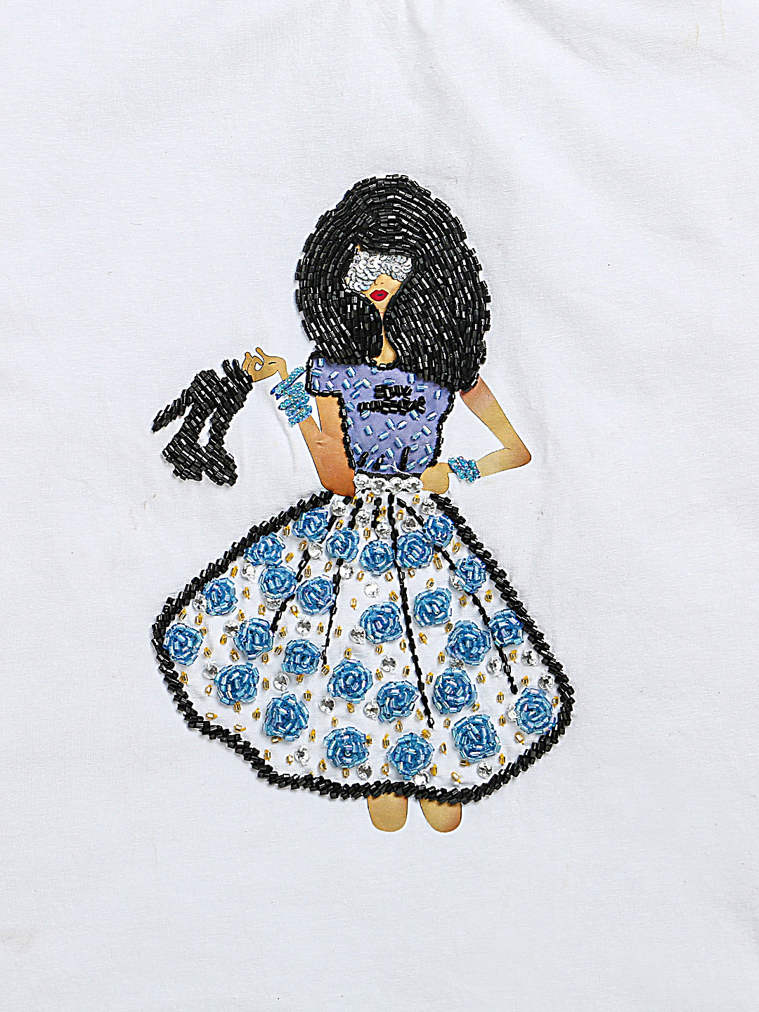 White Half Sleeve Girl Embellished Cotton T-shirt & Blue Embellished Denim Skirt Co-ord Set
