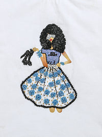 White Half Sleeve Girl Embellished Cotton T-shirt & Blue Embellished Denim Skirt Co-ord Set