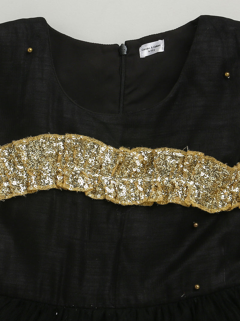 Black Sleeveless Sequins With Bow Embellished Soft Net Party Dress