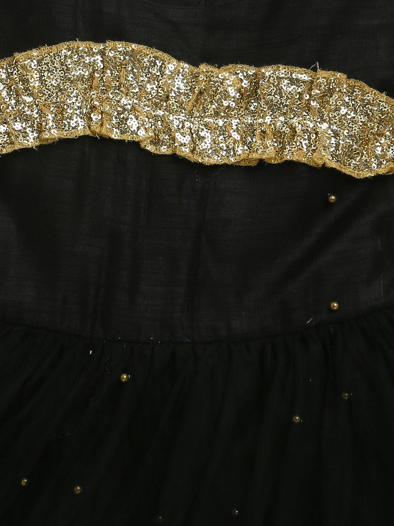 Black Sleeveless Sequins With Bow Embellished Soft Net Party Dress