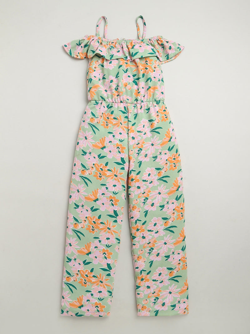 Light Green Off Shoulder Flower Printed Soft Cotton Jumpsuit