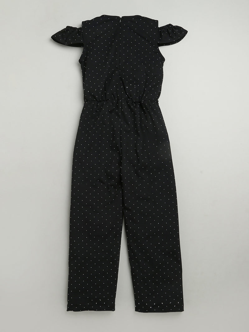 Black Off Shoulder Sleeve Embellished Smooth Cotton Jumpsuit
