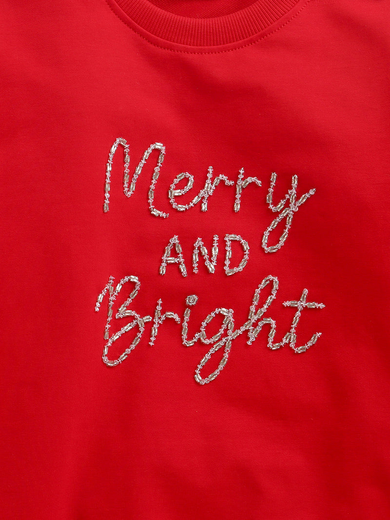 Kids Limited Edition Hand Embroidery Merry And Bright Red Sweatshirt