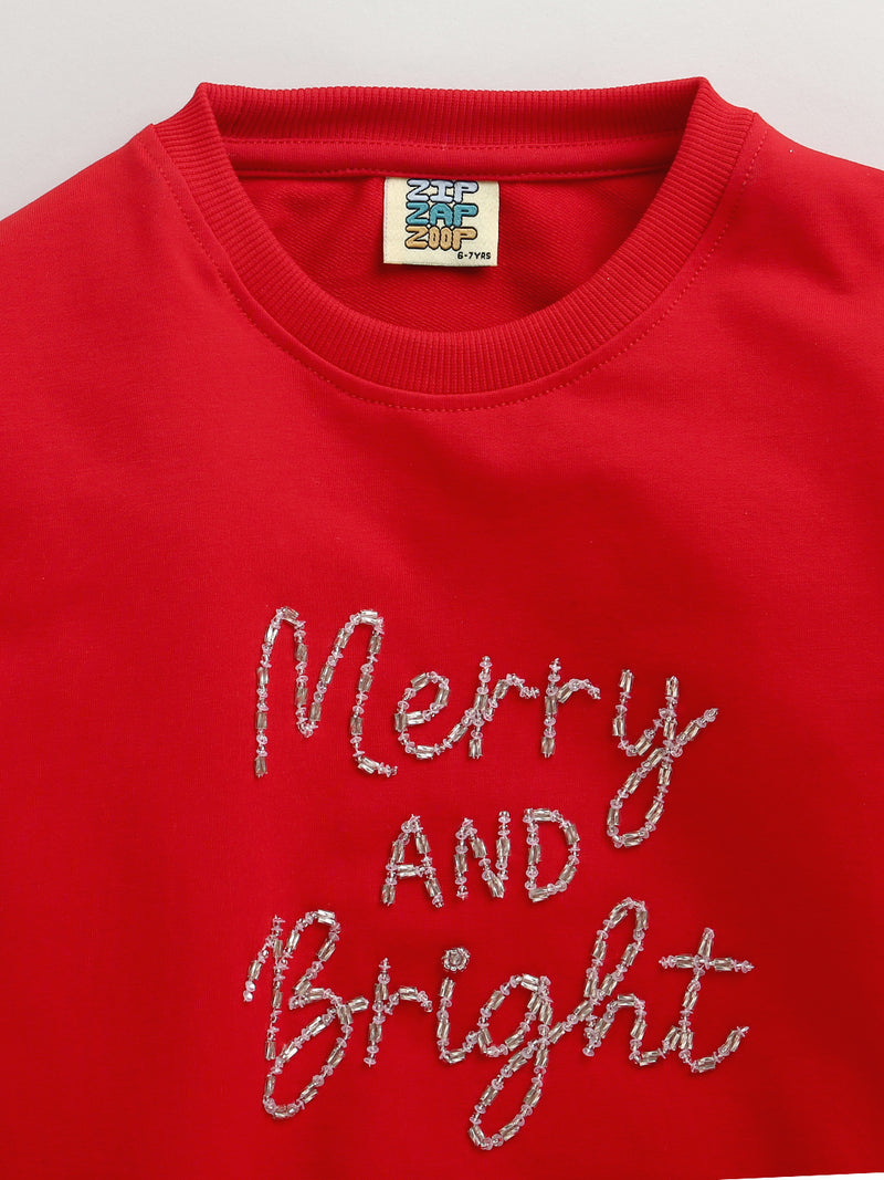 Kids Limited Edition Hand Embroidery Merry And Bright Red Sweatshirt