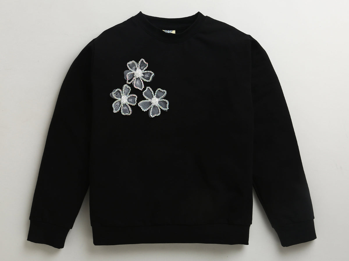 Black Festive Sweatshirt With Silver Floral Patch