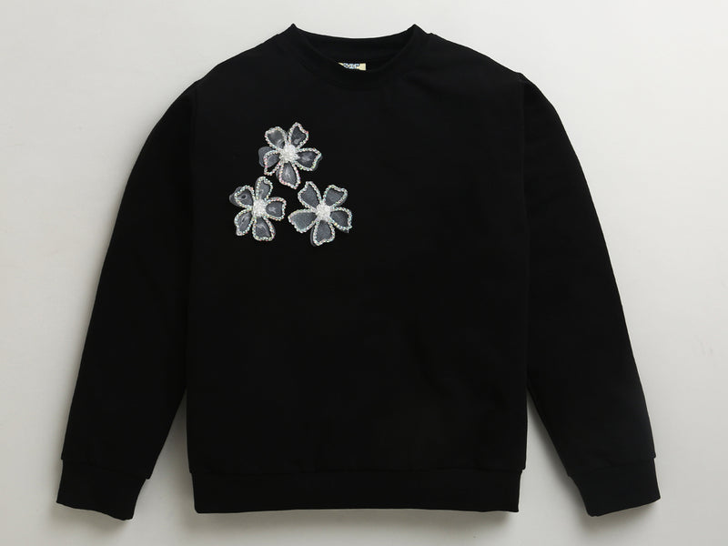 Black Festive Sweatshirt With Silver Floral Patch