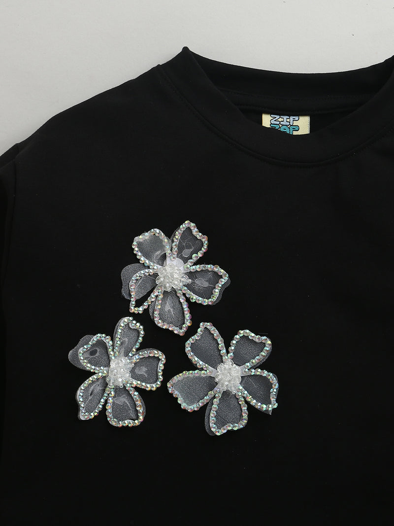 Black Festive Sweatshirt With Silver Floral Patch