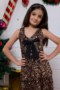 Girls Gold Metallic Sequins Dress With Black Bow & Black T-Shirt