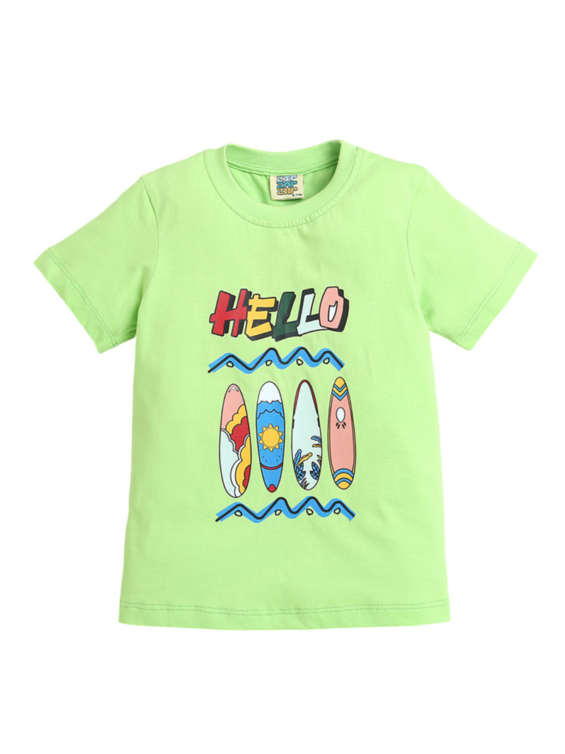 White Neon Green Hello Print Boys T-Shirt - Main Image