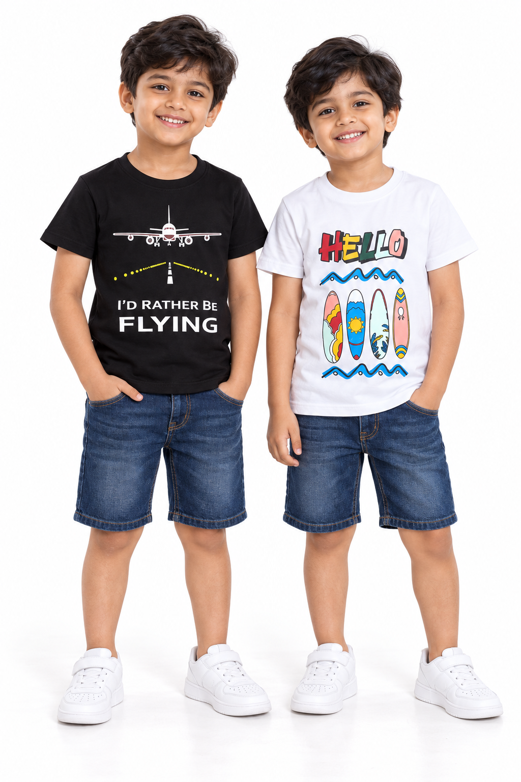 Pack of 2 Black-I'D Rather Be Flying & White-Hello Print Cotton T-shirt
