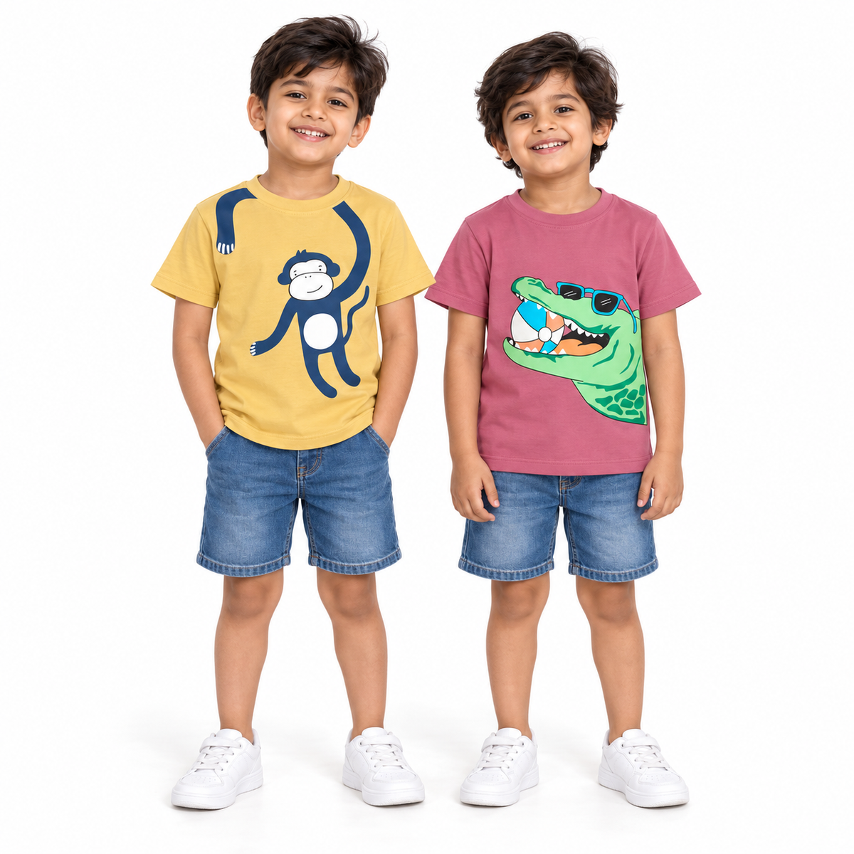 Pack of 2 Beige-Monkey & Pink-Ball Alligator Print Cotton T-shirt
