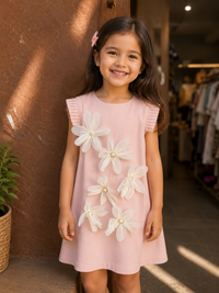 Girls Soft Pink A-Line Dress with Pearl Floral Embellishments