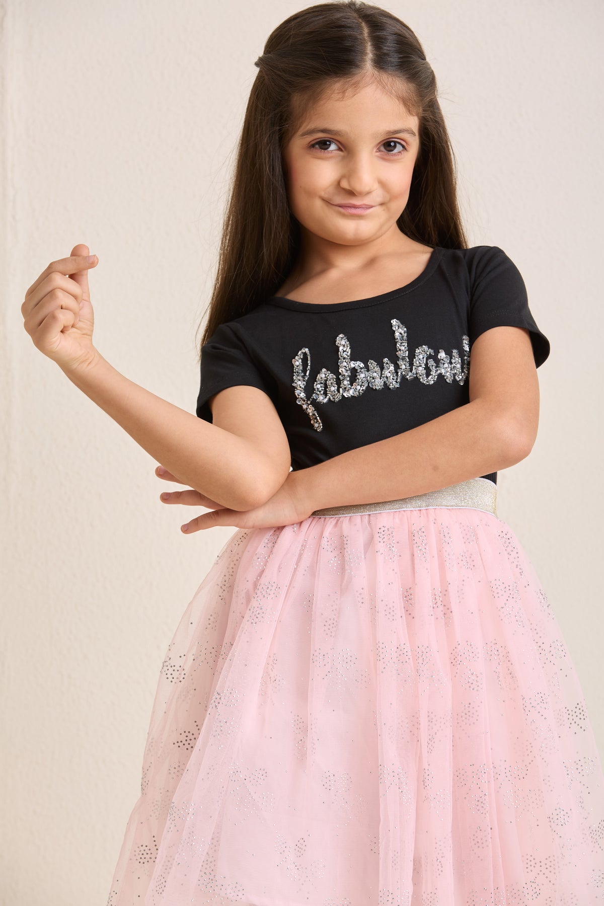 ZIP ZAP ZOOP Girls Dress Black & Pink "Fabulous" Pearl Embroidery Half Sleeve Frock