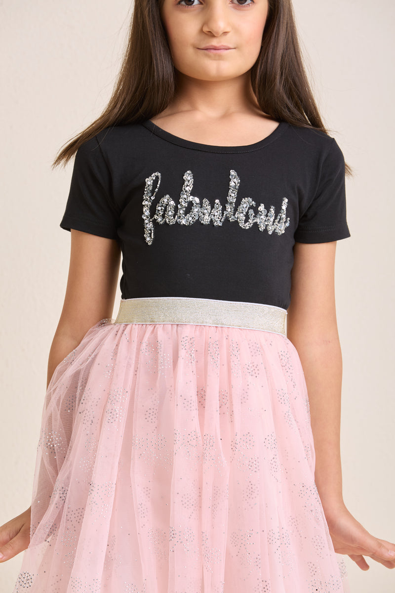 ZIP ZAP ZOOP Girls Dress Black & Pink "Fabulous" Pearl Embroidery Half Sleeve Frock