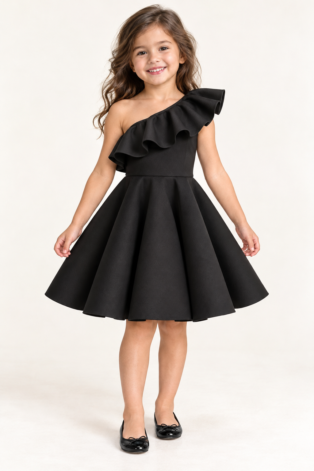 Girls Black Scuba One-Shoulder Ruffle Fit & Flare Party Dress