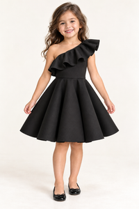 Girls Black Scuba One-Shoulder Ruffle Fit & Flare Party Dress