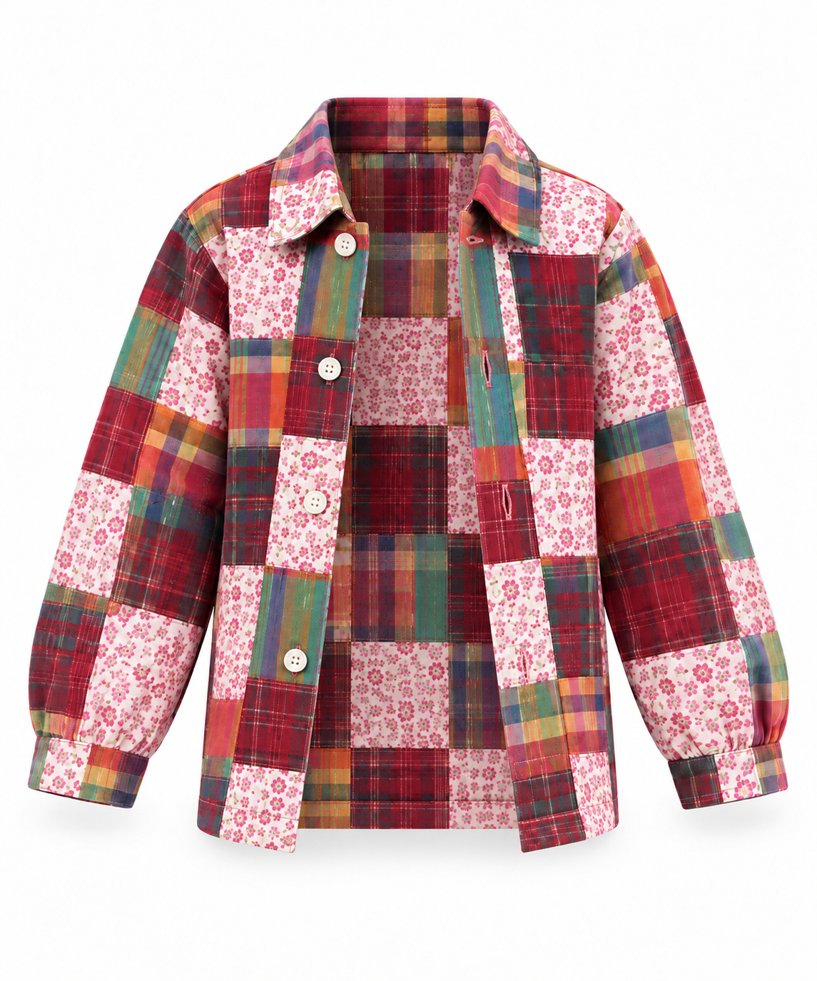 Girls Multicolour Plaid & Floral Patchwork Full-Sleeve Button-Front Jacket