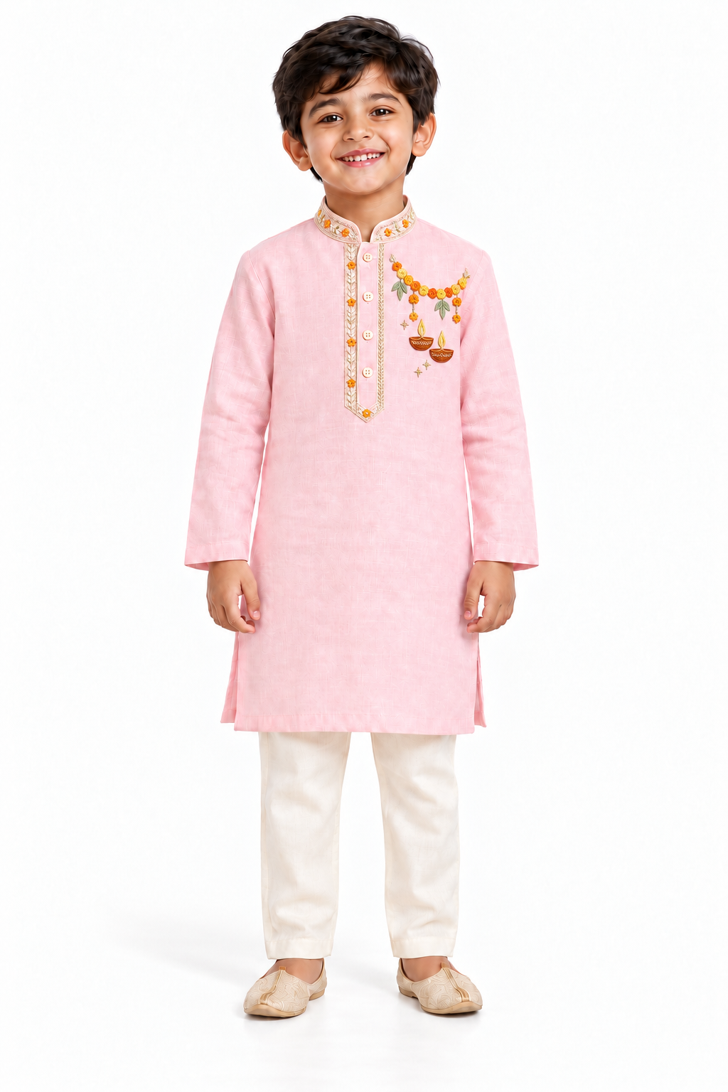 ZIP ZAP ZOOP Boys Baby Pink Diya & Marigold Toran Embroidered Kurta with Ivory Pants – 2-Piece Diwali Set