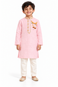 ZIP ZAP ZOOP Boys Baby Pink Diya & Marigold Toran Embroidered Kurta with Ivory Pants – 2-Piece Diwali Set