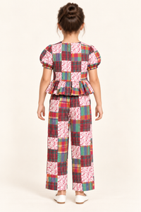 Girls Multicolour Patchwork Puff Sleeve Peplum Top & Trouser Co-ord Set