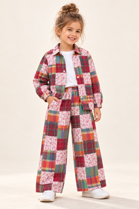 Girls Multicolour Plaid & Floral Patchwork Shirt and Wide-Leg Trouser Co-ord Set