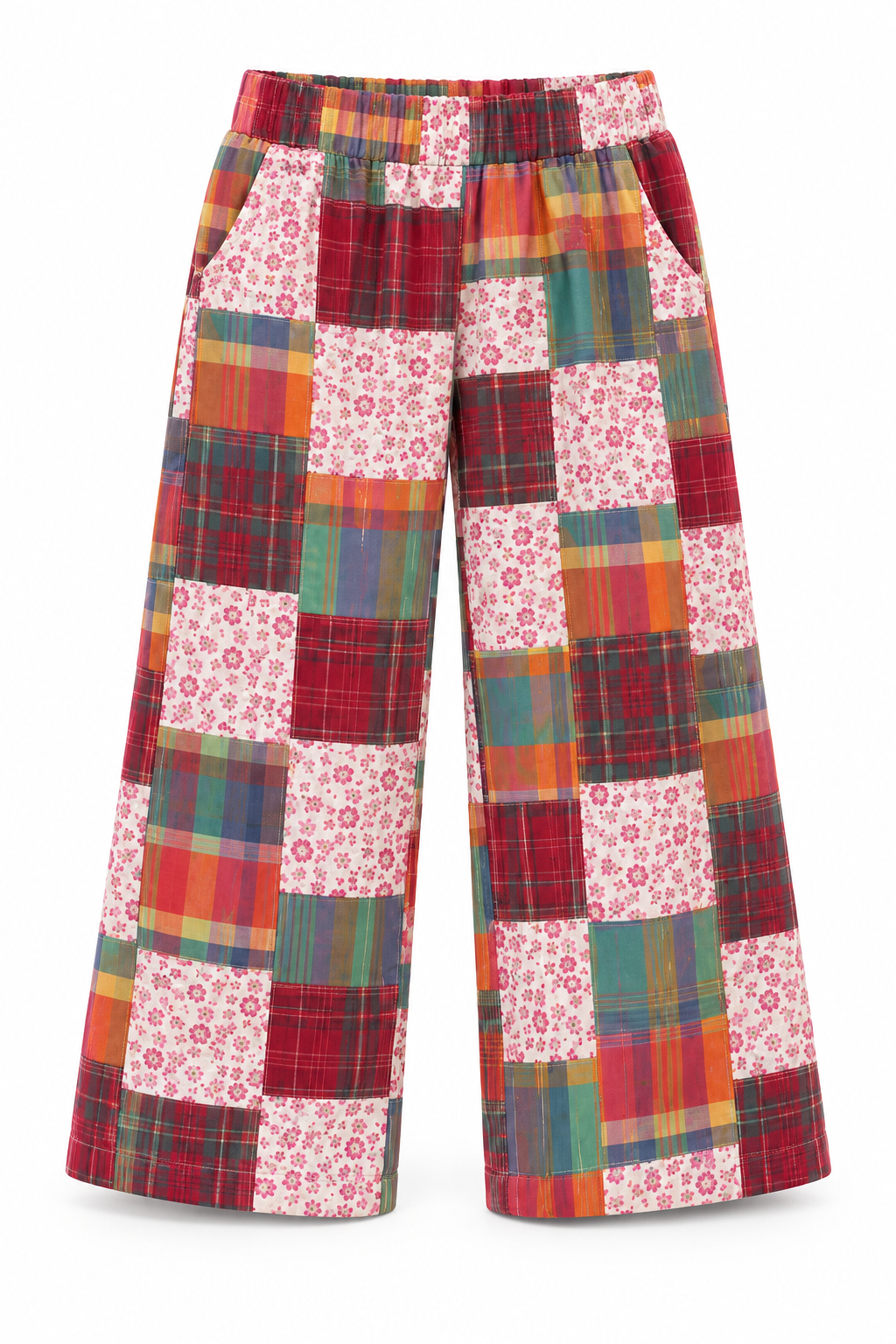 Girls Multicolour Plaid & Floral Patchwork Wide-Leg Pants with Elasticated Waist