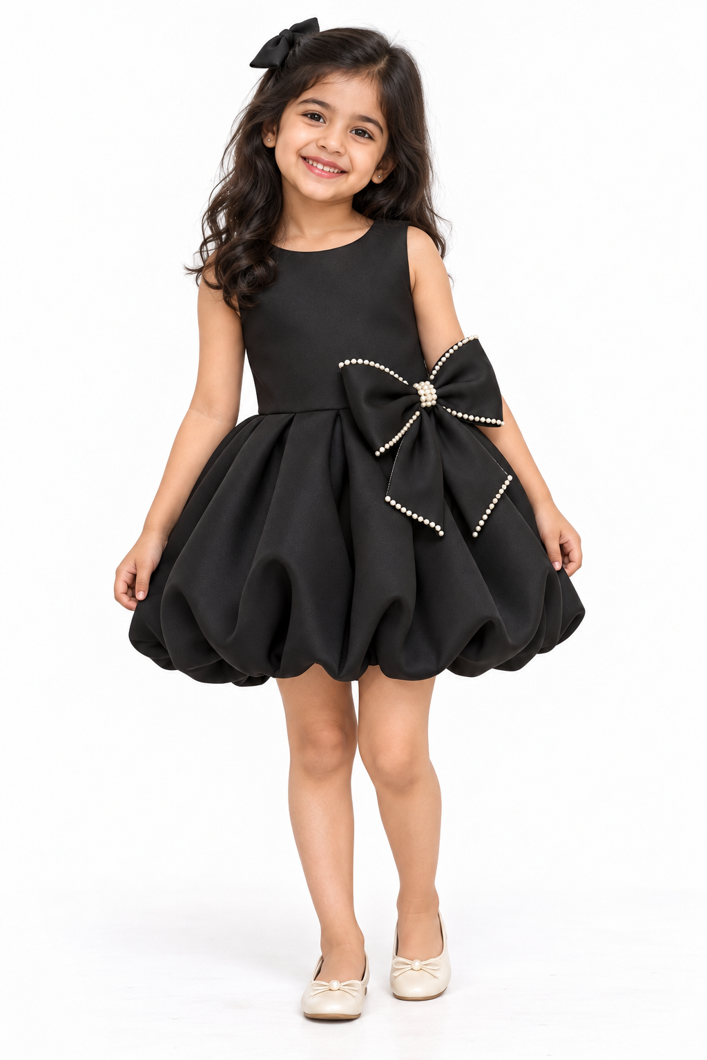 Girls Black Scuba Sleeveless Bubble Party Dress with Pearl-Trimmed Statement Bow