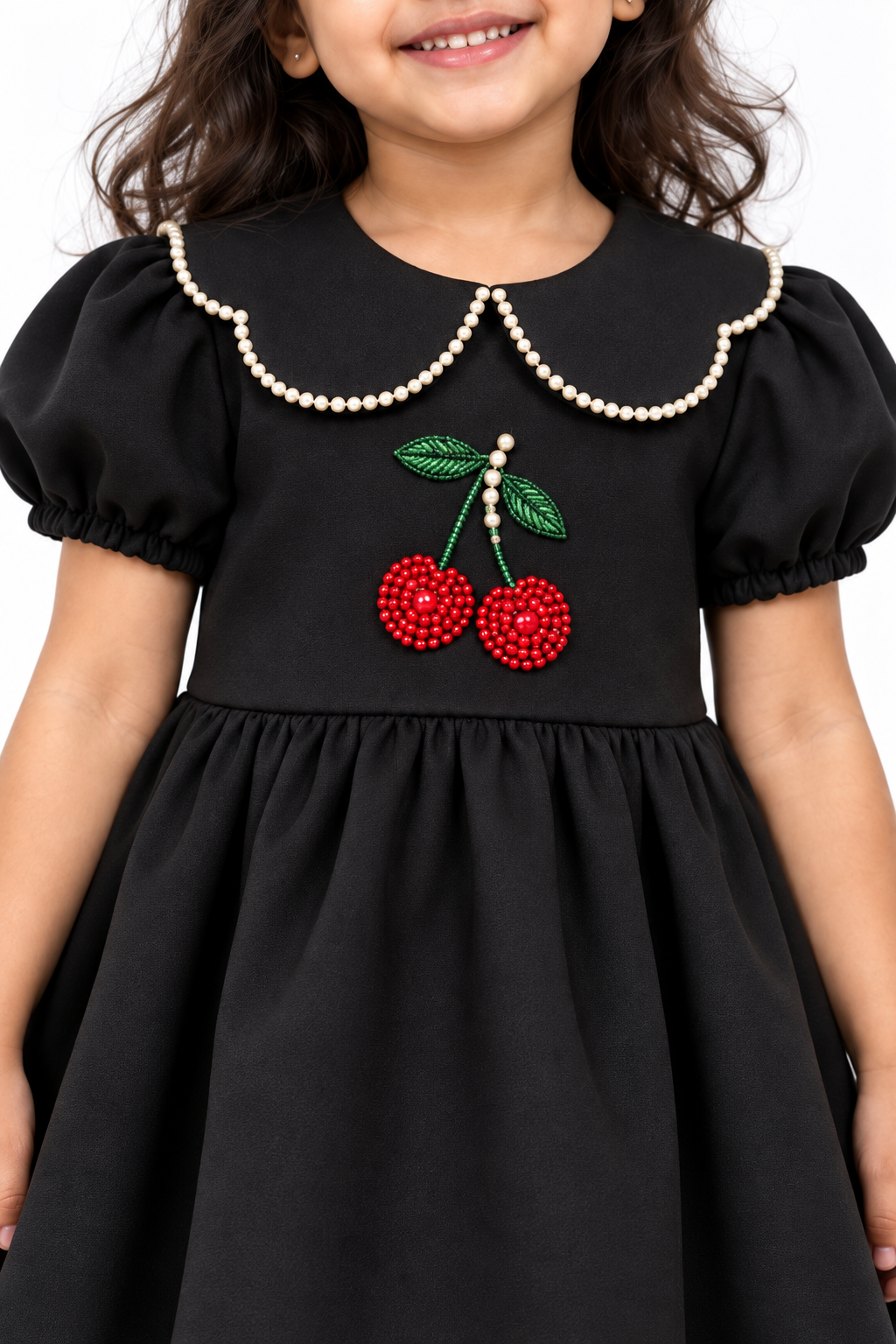 Girls Black Scuba Puff Sleeve Party Dress with Pearl-Trimmed Collar & Beaded Cherry Embellishment