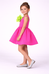 Girls Pink Accent Dress with 3D Neon Flower