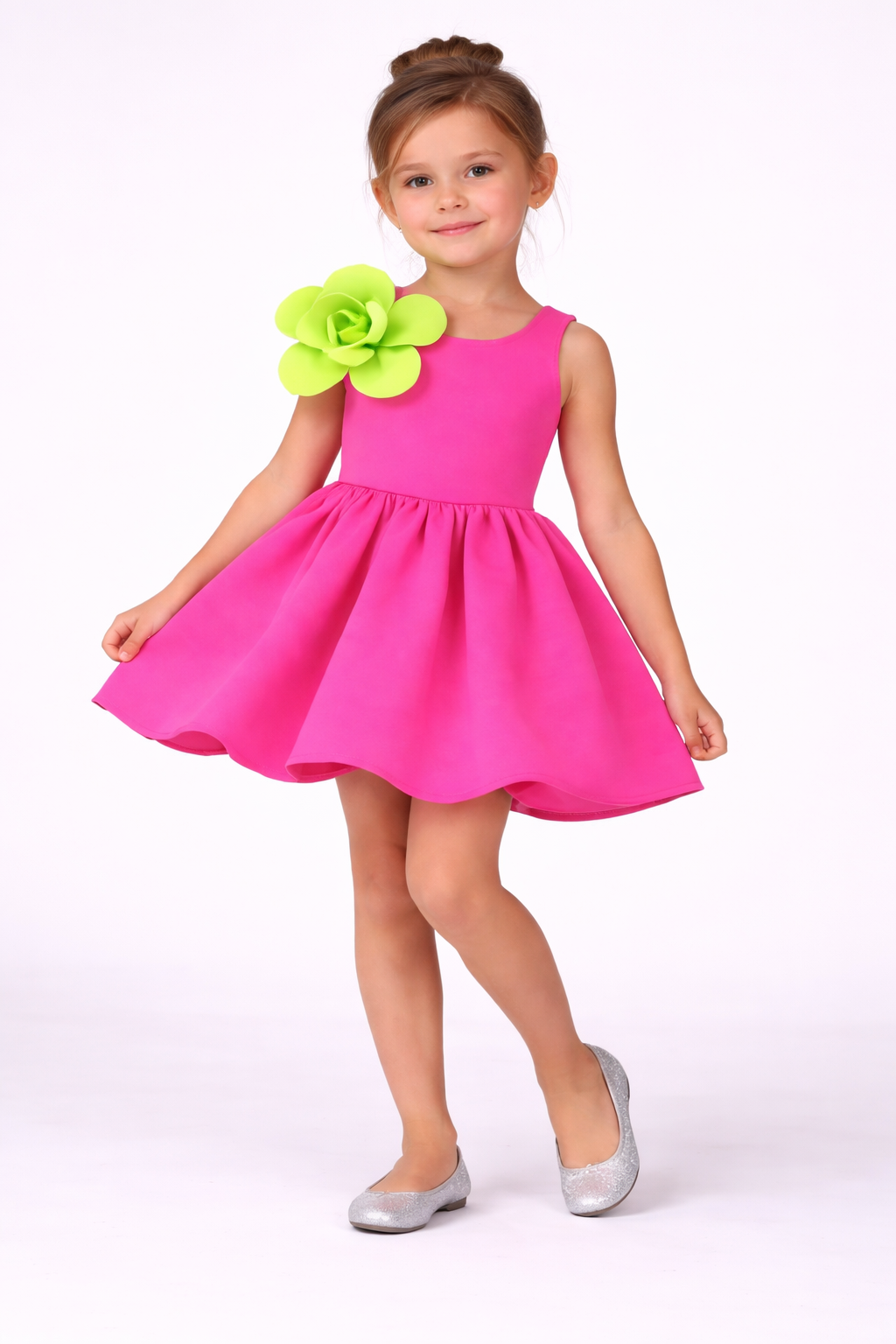 Girls Pink Accent Dress with 3D Neon Flower