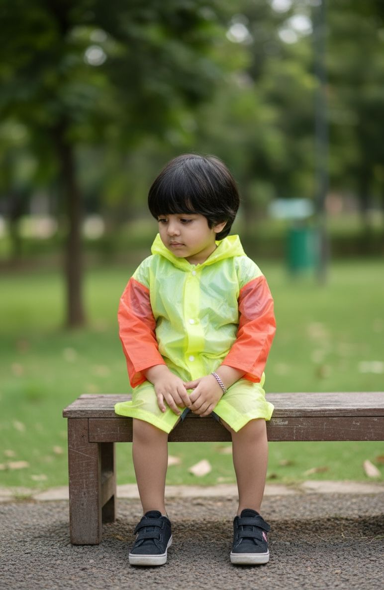 Kids' Dual-Tone Hooded Raincoat – Bright Neon & Orange