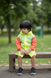 Kids' Dual-Tone Hooded Raincoat – Bright Neon & Orange